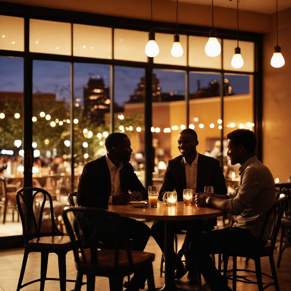A silhouette of a diverse group of men engaged in lively conversation at an upscale café, with warm ambient lighting creating an intimate atmosphere. In the background, subtle hints of city life with soft bokeh lights, symbolizing connection and companionship. Include abstract hearts or bonds subtly woven into the design to represent intimate relationships, creating a feeling of warmth and openness. vibrant colors. soft focus.