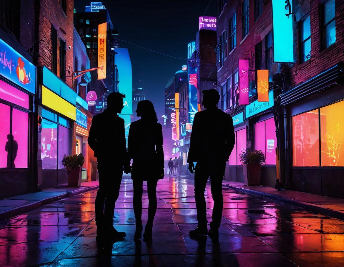 Create an intriguing scene of two silhouettes meeting in a vibrant urban setting at night, illuminated by colorful neon lights symbolizing the excitement of alternative dating. Include hints of diverse dating app icons subtly integrated into the background, with an air of mystery and adventure. Capture the thrill of discreet connections with a touch of whimsy and romance. super-realistic. vibrant colors. night scene.