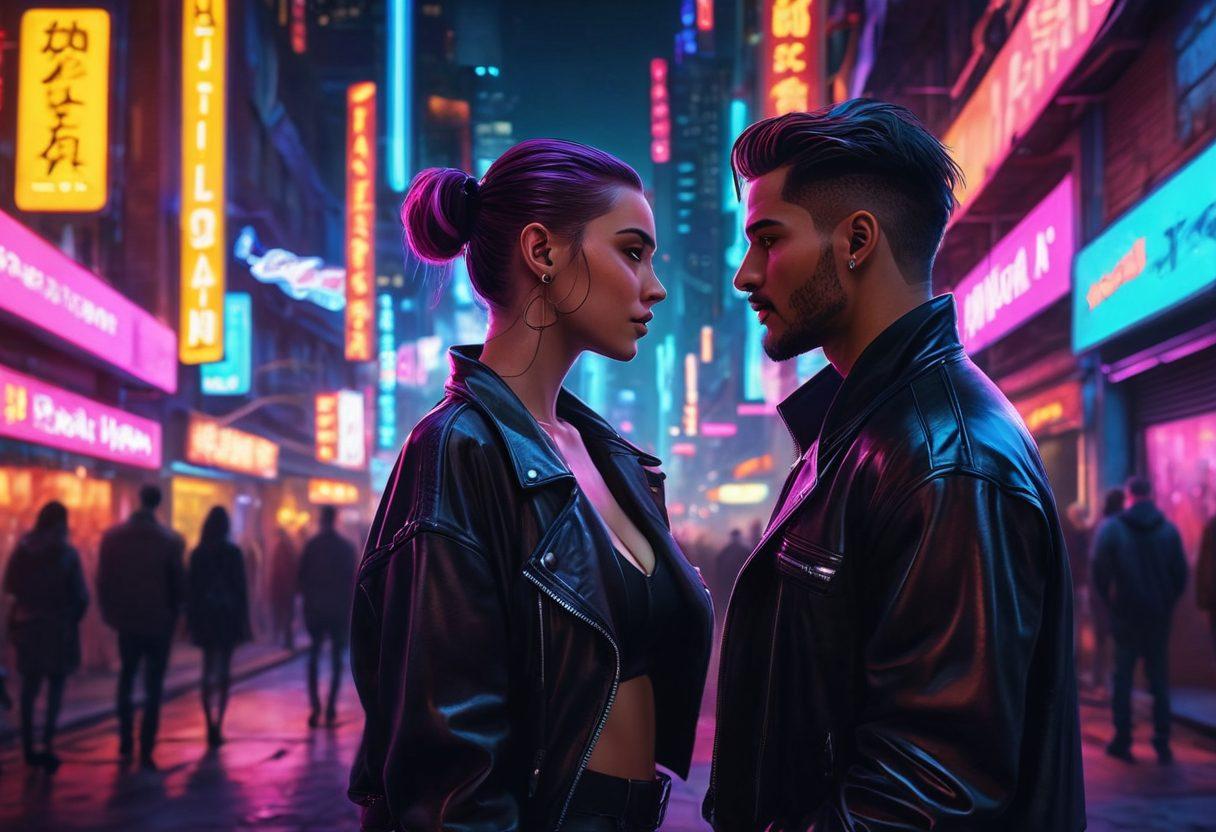 A tantalizing scene depicting an urban nightlife setting, featuring diverse individuals engaged in flirtatious conversations and playful interactions, with neon lights illuminating the atmosphere. Include subtle hints of romance, like soft glances and inviting body language. The background should showcase vibrant city elements, reflecting the excitement of casual encounters. vibrant colors. cyberpunk style.